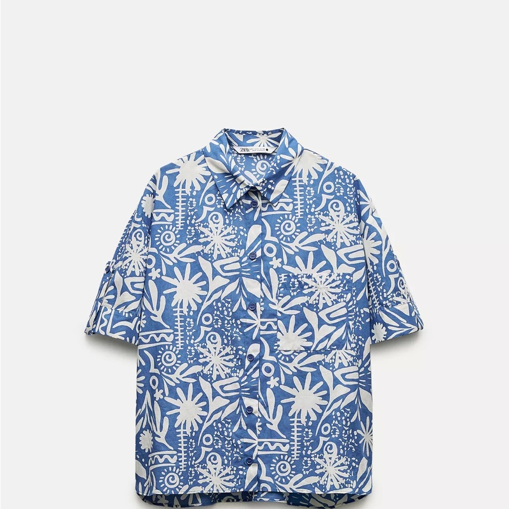 Zara Blue and White Tropical Print Women’s Shirt. New with tags